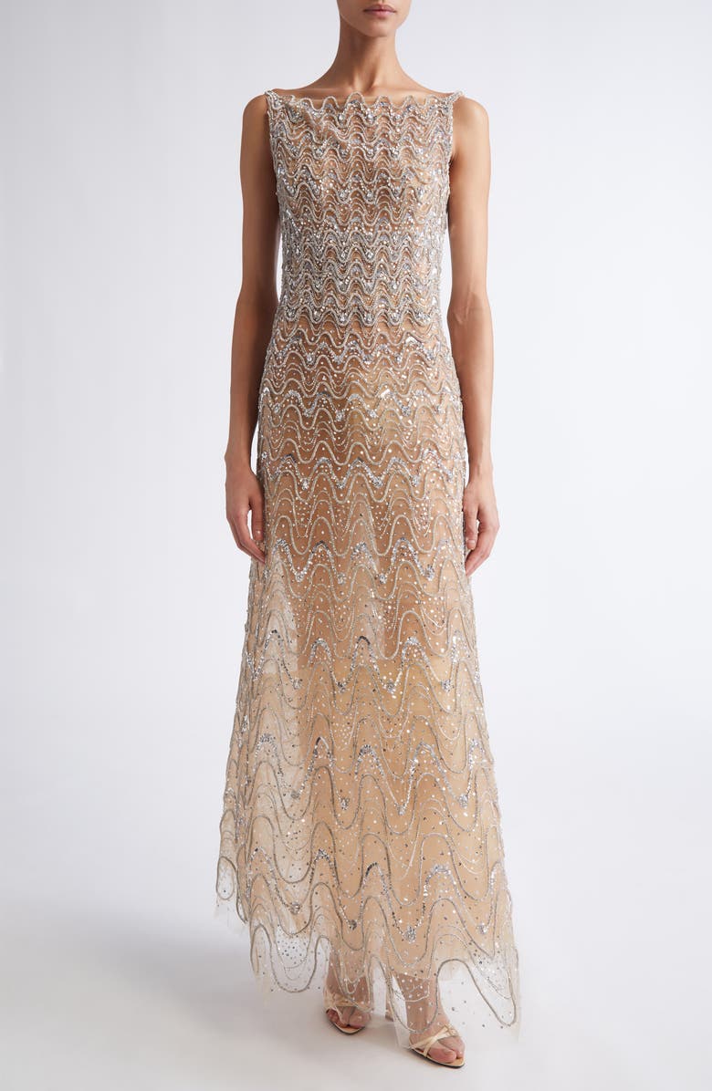 Oscar de la Renta Crystal Wave Embroidered Sleeveless Gown, Main, color, Silver