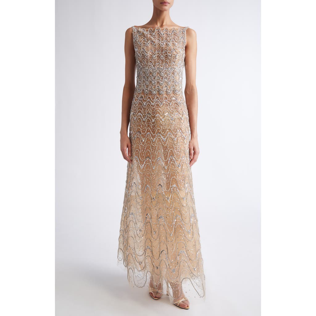 Oscar De La Renta Crystal Wave Embroidered Sleeveless Gown In Multi