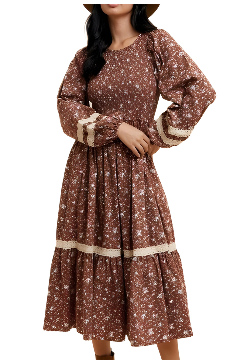 Knit and Lounge Smocked Long Sleeve Midi Dress With Lace Trim, Main, color,