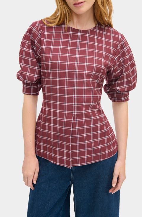 Janey Ruched Sleeve Plaid Top