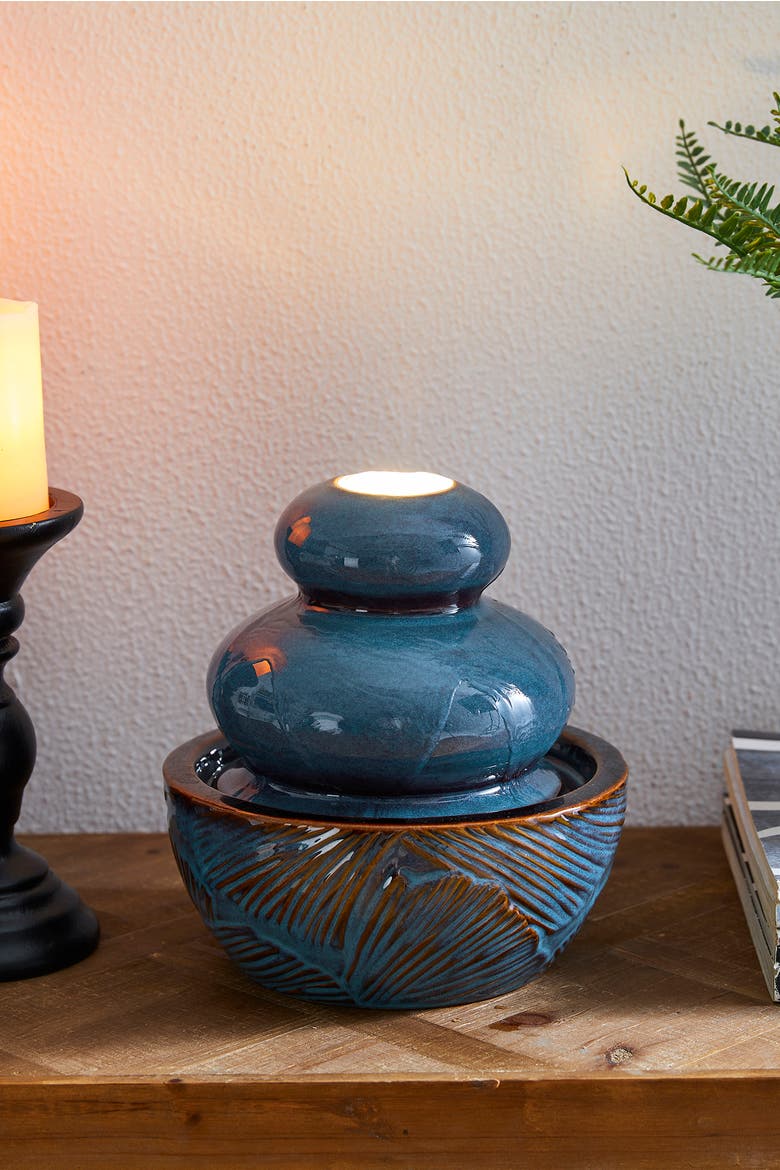 Ceramic Leaf Textured Tabletop Fountain with Pump and LED Light, Alternate, color, Turquoise