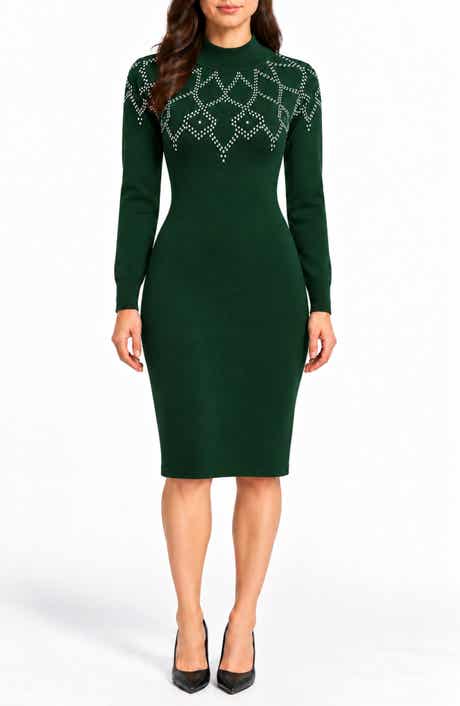 Mock Neck Embellished Sweater Dress