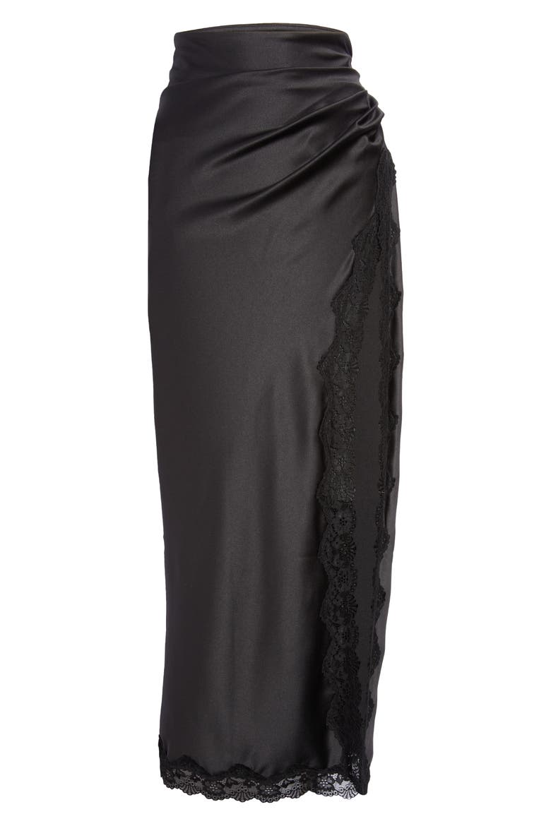 Ruby Lace Trim Satin Midi Skirt, Alternate, color, BLACK