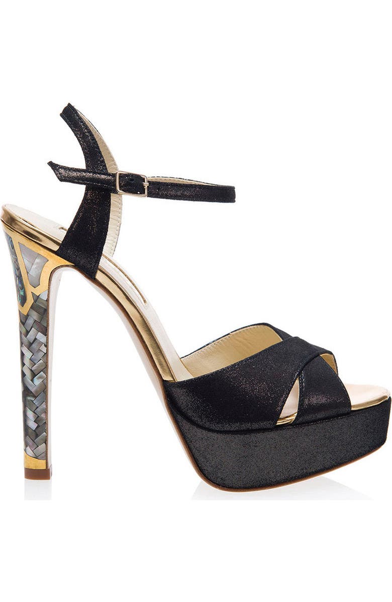 Freya Rose Cleopatra Noir Ankle Strap Pearl Heel Sandal, Main, color, Black