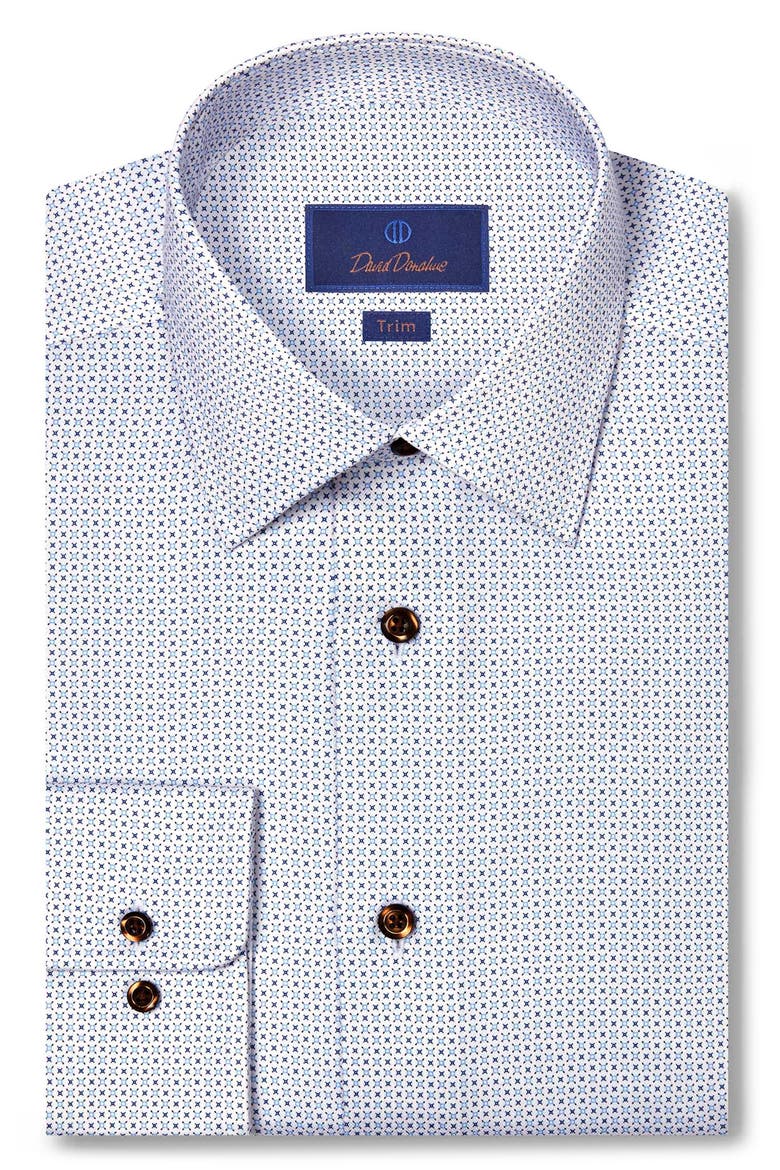 Trim Fit Geometric Print Cotton Herringbone Dress Shirt, Main, color, WHITE/ CHOCOLATE