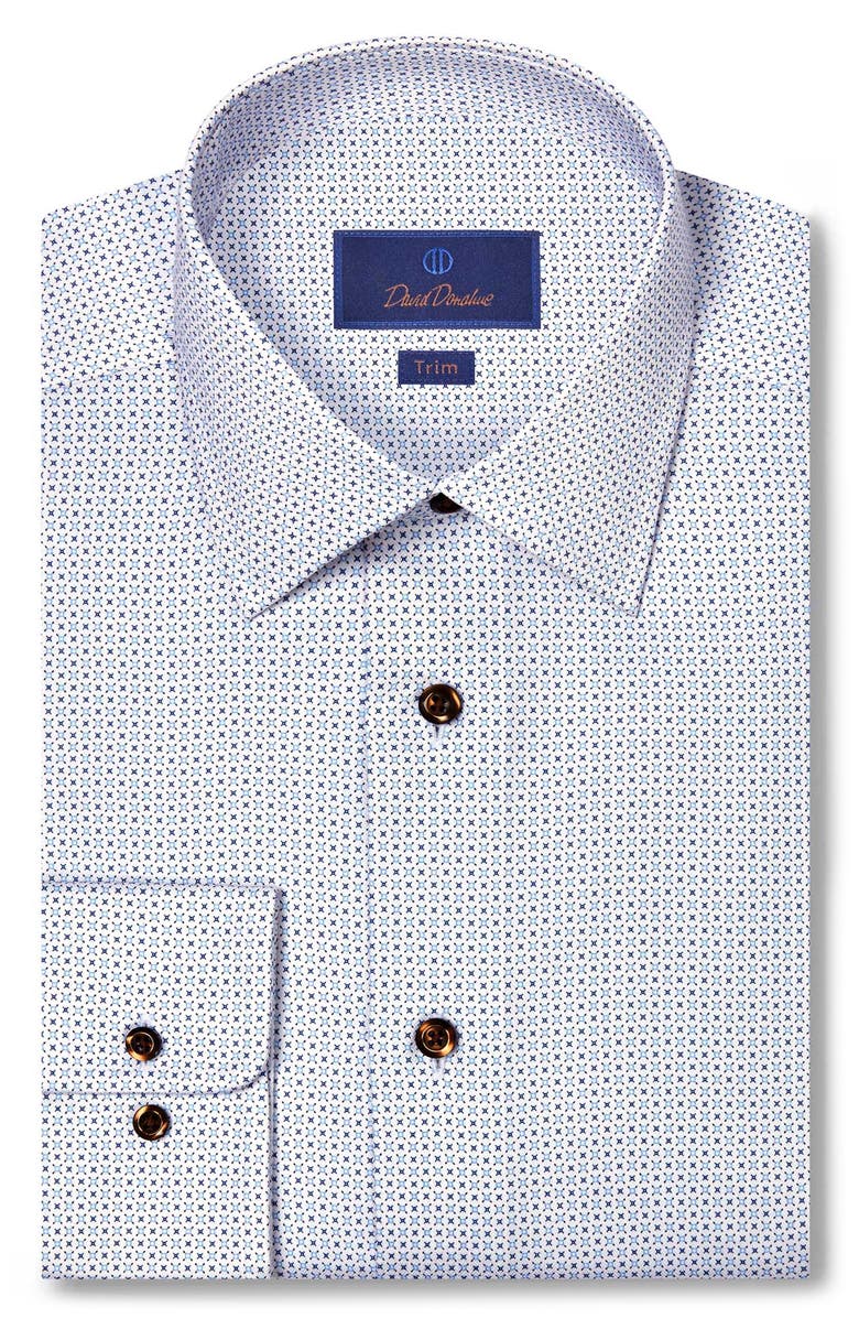 David Donahue Trim Fit Geometric Print Cotton Herringbone Dress Shirt, Main, color, White/ Chocolate