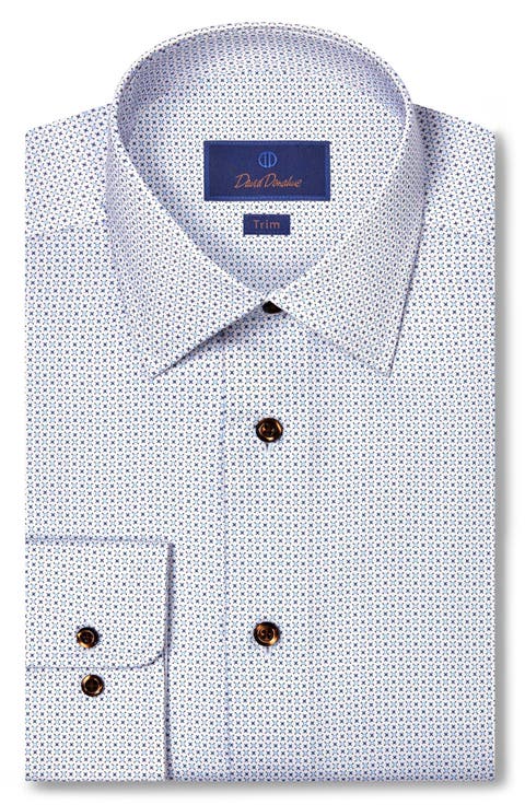 Trim Fit Geometric Print Cotton Herringbone Dress Shirt
