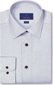 David Donahue Trim Fit Geometric Print Cotton Herringbone Dress Shirt