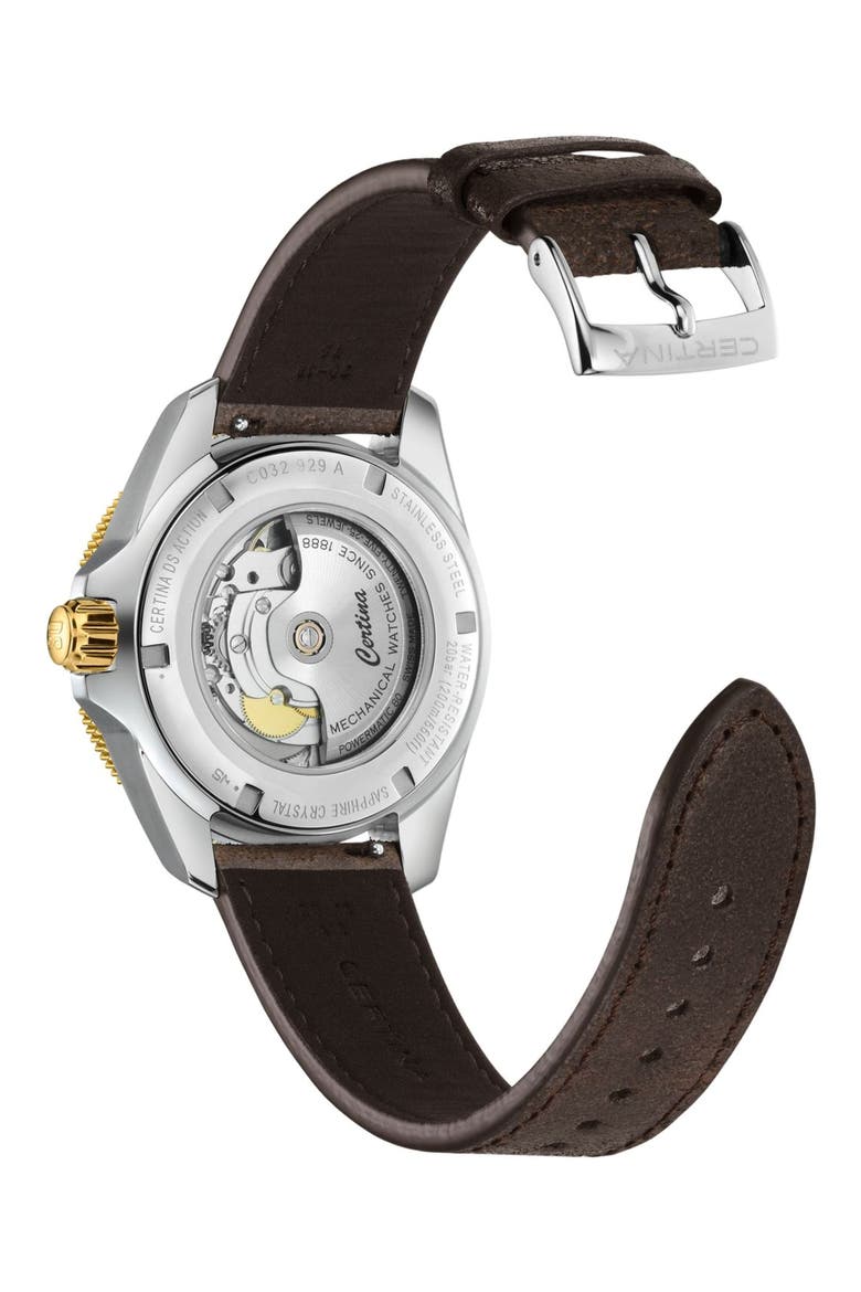 DS Action GMT Automatic Leather Strap Watch, 41mm, Alternate, color, STAINLESS STEEL PVD COATING