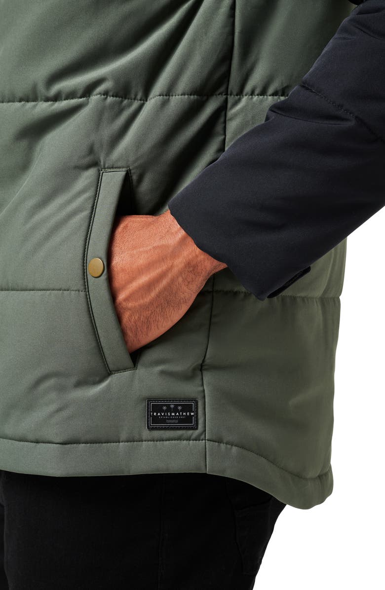 TravisMathew Torch Runner Colorblock Quilted Hooded Jacket, Alternate, color, Black/Green