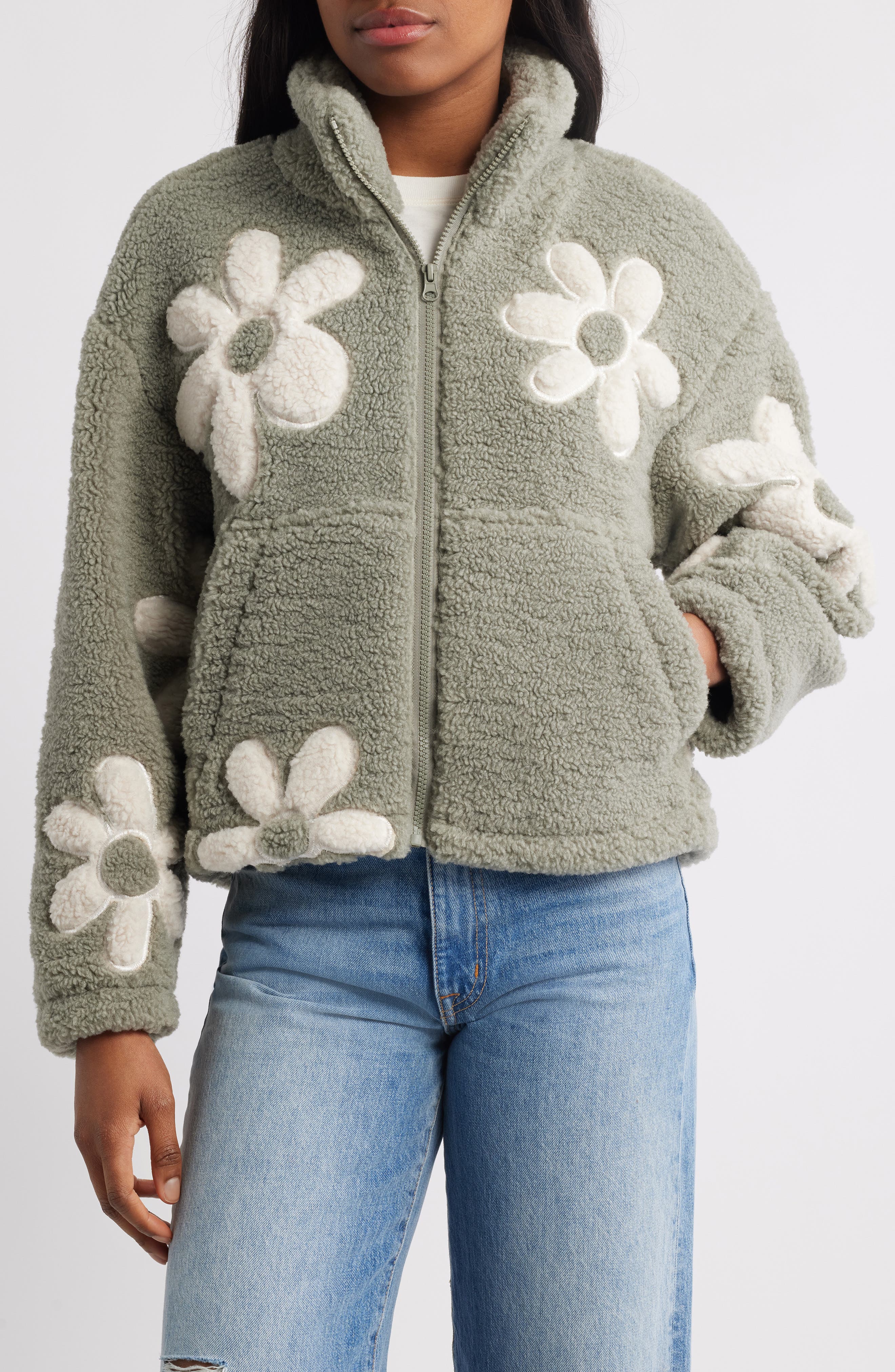 Thread & Supply High Pile Fleece Floral Jacket In Gray