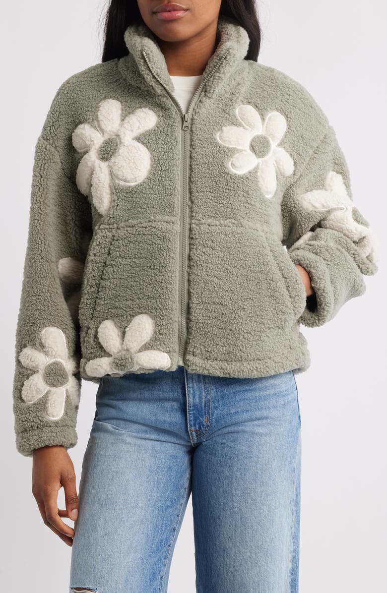 Thread & Supply High Pile Fleece Floral Jacket, Main, color, Aqua Gray