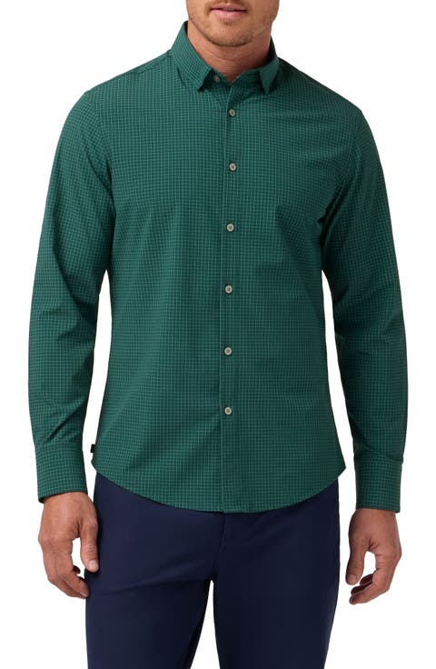 Leeward Trim Fit Dark Green Check No Tuck Stretch Button-Up Shirt