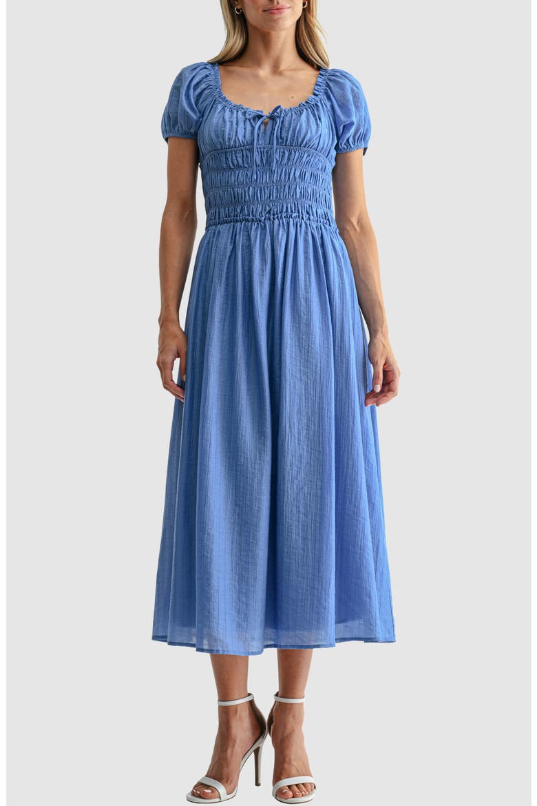 Puff Sleeve Shirred Midi Dress, Main, color, BLUE
