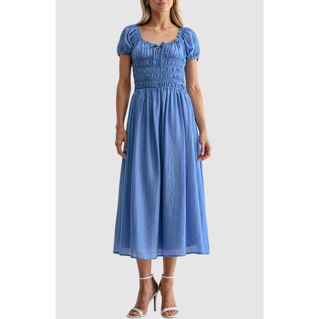 All in Favor Puff Sleeve Shirred Midi Dress in Blue at Nordstrom, Size Xx-Small