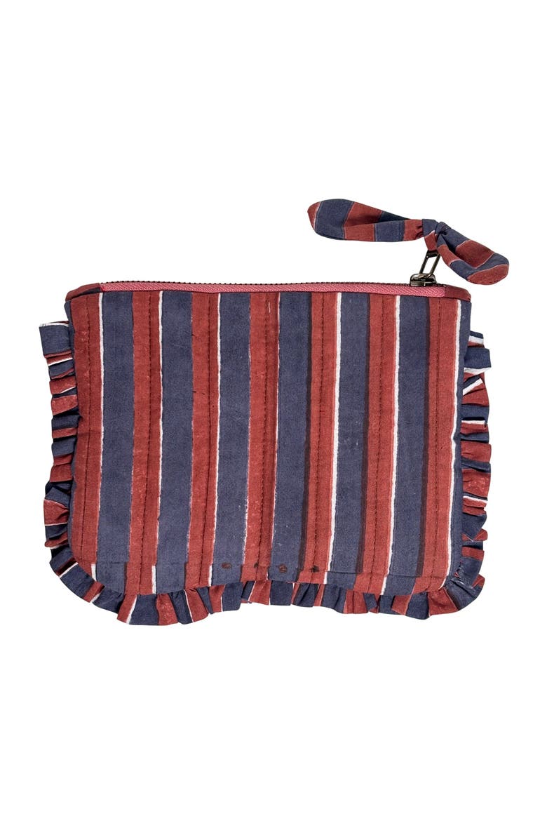 Handcrafted Quilted Cotton Travel Pouch with Frill Trim, Main, color, Red and Blue Stripes