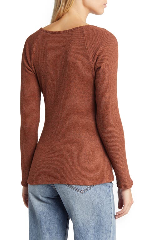 Loveappella V-neck Long Sleeve Henley Top In Brown