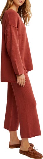 free-est Hailee Waffle Stitch Long Sleeve Top & Wide Leg Pants Knit Set