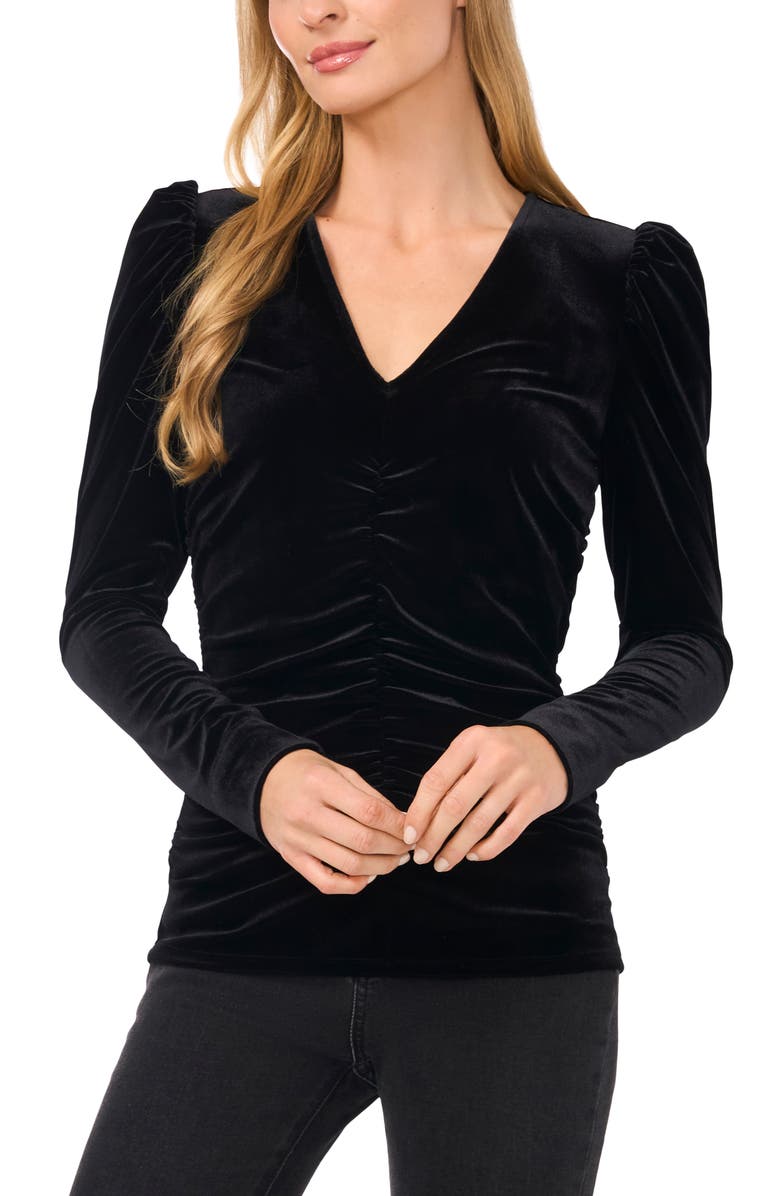 CeCe Ruched Puff Sleeve Stretch Velvet Top, Main, color, 