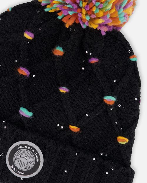 Deux Par Deux Lined Knit Pompom Hat With Little Sequins In Black