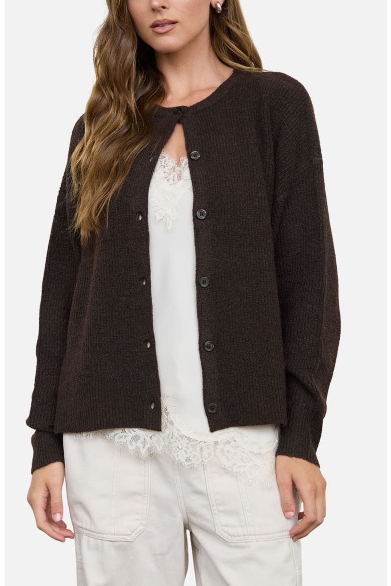 Ribbed Crewneck Cardigan, Main, color, CHOCOLATE BROWN