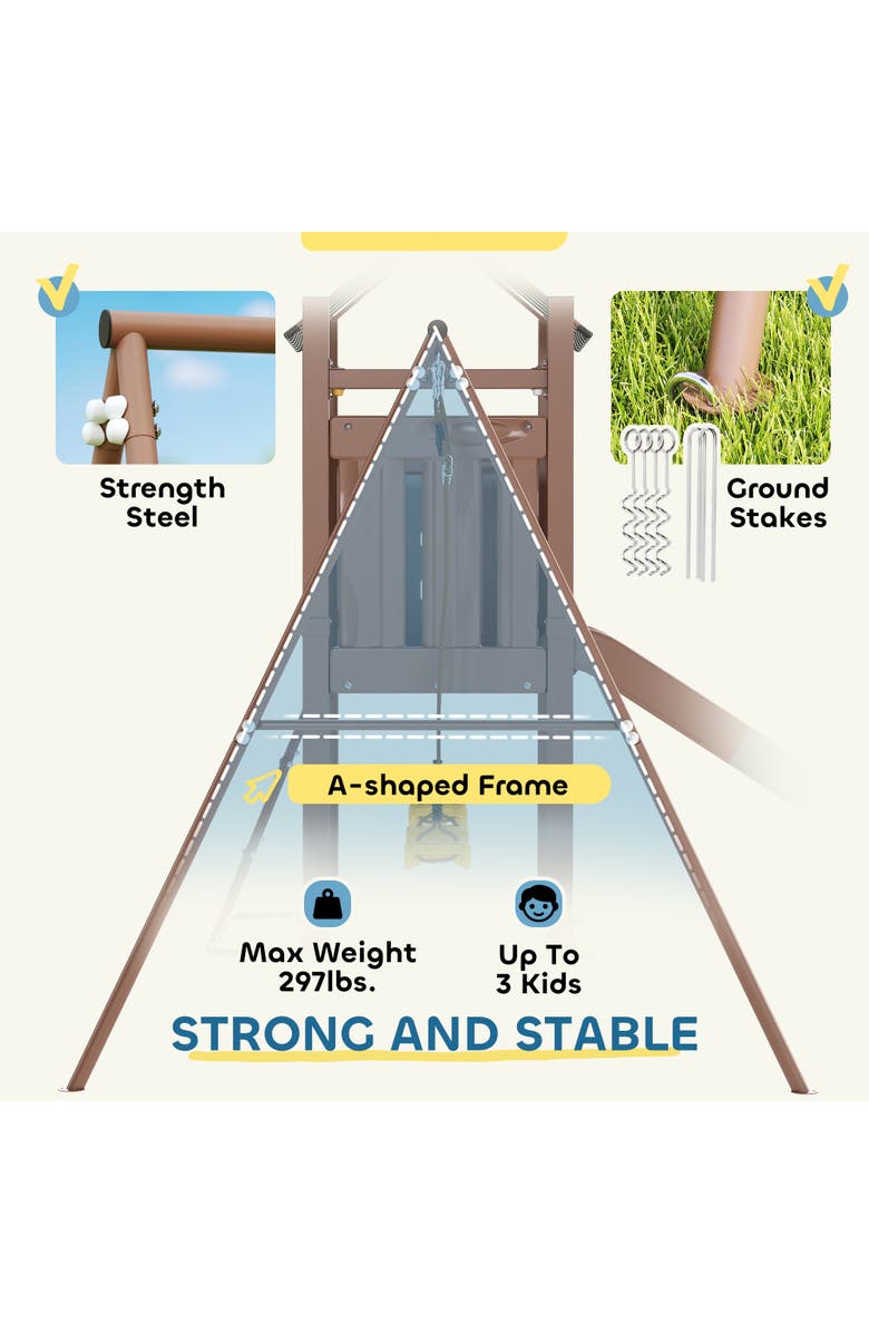 Qaba Kids Swing Set with 6 FT Slide, 2 Adjustable Swings, Fort with Canopy, Backyard Use, Alternate, color, 