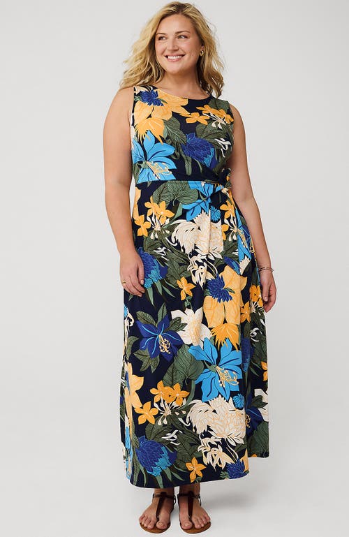 Lands' End Cotton Modal Sleeveless Tie Waist Maxi Dress In Navy Multi Floral Bloom