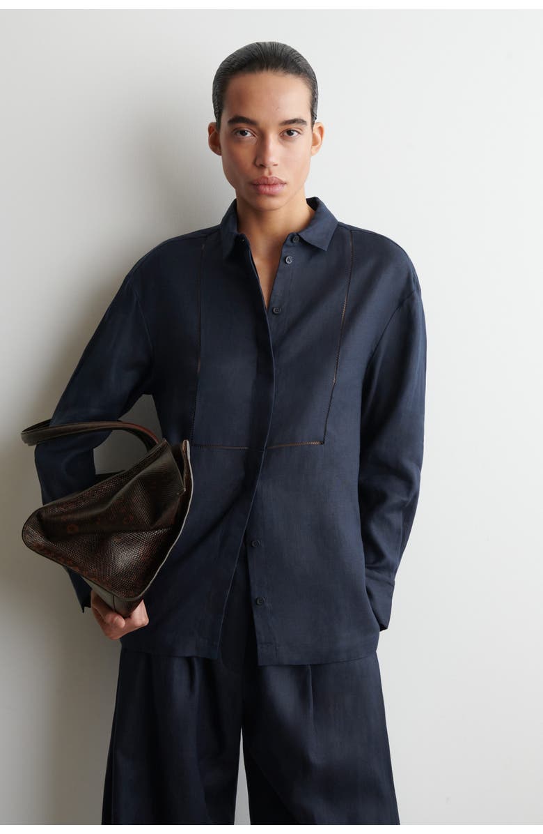 COS Embroidered-detail Linen Shirt, Main, color, Navy