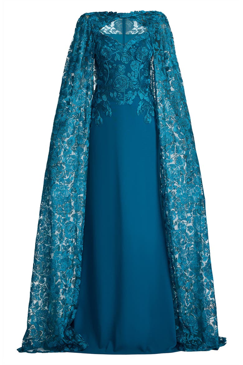 Embroidered Cape Detail Gown, Alternate, color, VENOM BLUE
