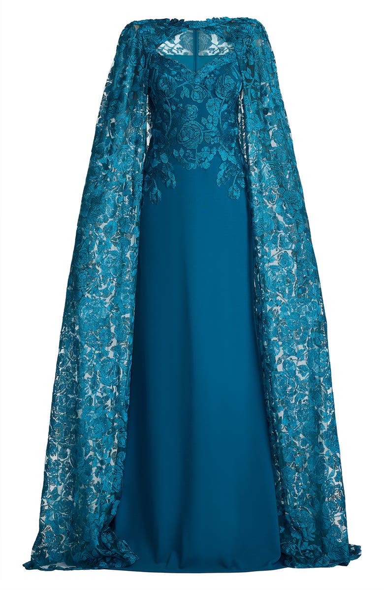 Tadashi Shoji Embroidered Cape Detail Gown, Alternate, color, Venom Blue