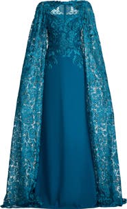 Tadashi Shoji Embroidered Cape Detail Gown