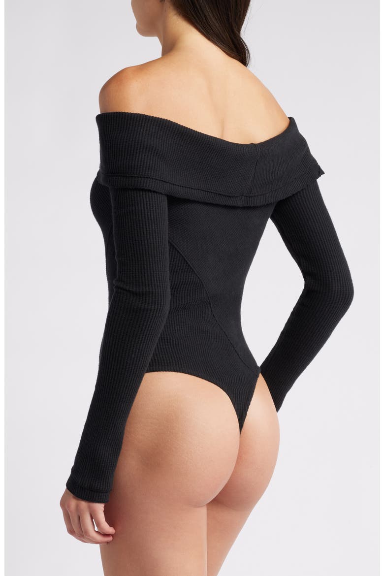 Autumn Cozy Off the Shoulder Waffle Stitch Bodysuit, Alternate, color, BLACK
