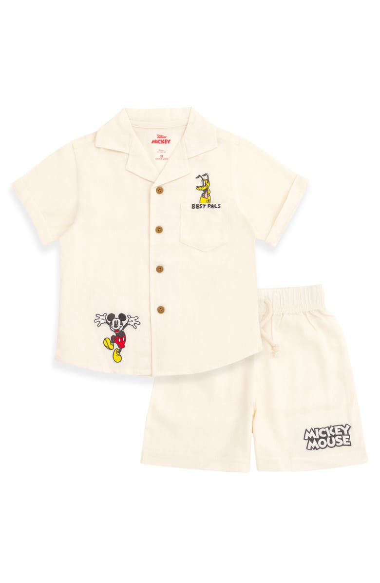 Disney Mickey Mouse & Friends Button-Down T-Shirt & Shorts Set, Main, color, Beige