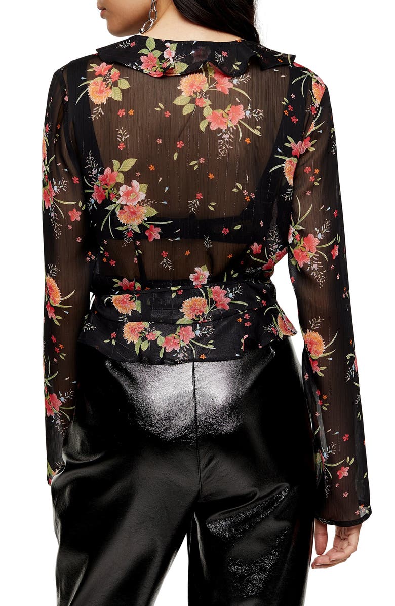 Topshop Floral Print Sheer Wrap Blouse, Alternate, color,