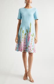 Oscar de la Renta Foxglove Jacquard Knit Fit & Flare Dress