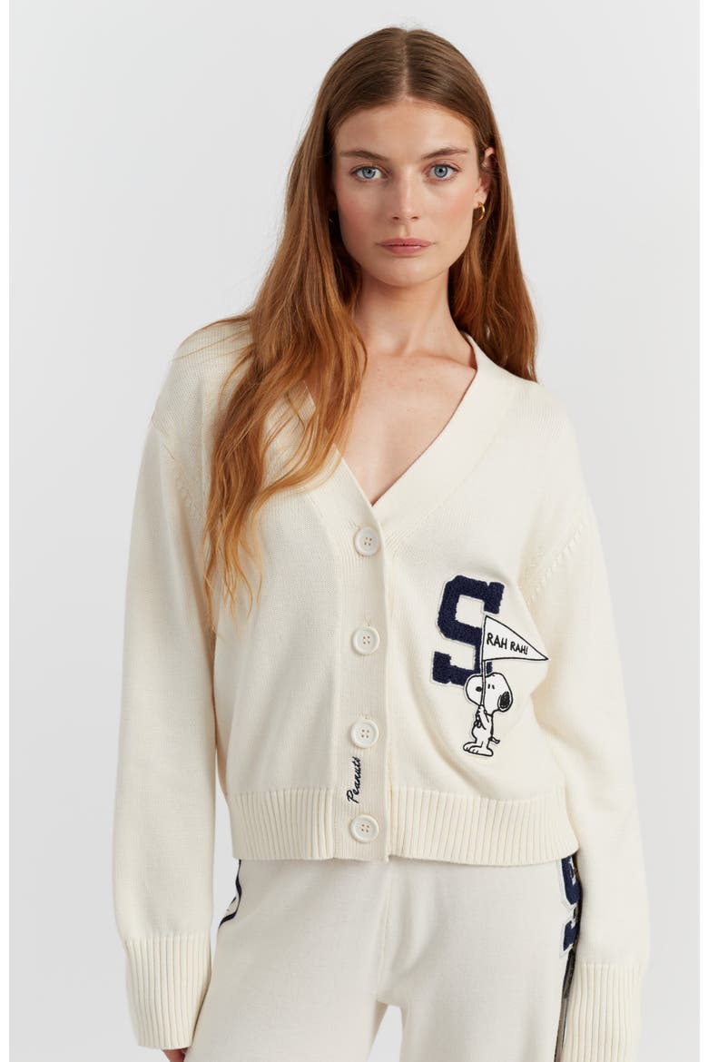Snoopy Varsity Cotton Cardigan Sweater, Main, color, Cream