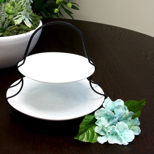 Gibson Elite Splendid Grace 2 Tiered Serving Set With Metal Rack In White In White