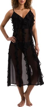 Mimi Flamingo Ruffle Sheer Cover-Up Midi Dress