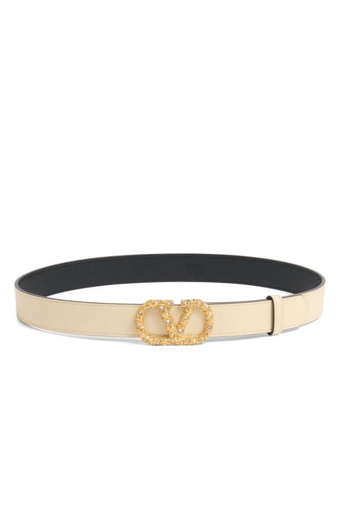 Crystal Embellished VLOGO Leather Belt
