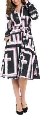 London Times Tie Waist Long Sleeve Shirtdress