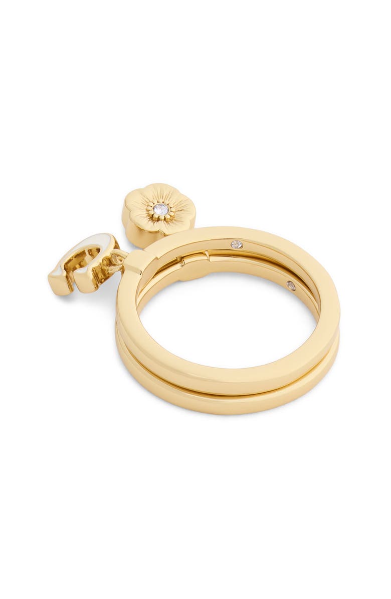 COACH Set of 2 Tea Rose & Enamel C Charm Rings, Alternate, color, White/ Gold