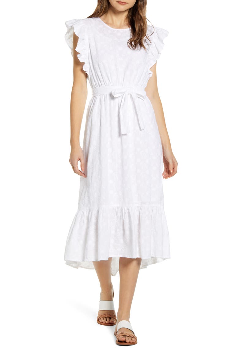 Reese Flutter Sleeve Embroidered Cotton Dress, Main, color, LUCKY WHITE