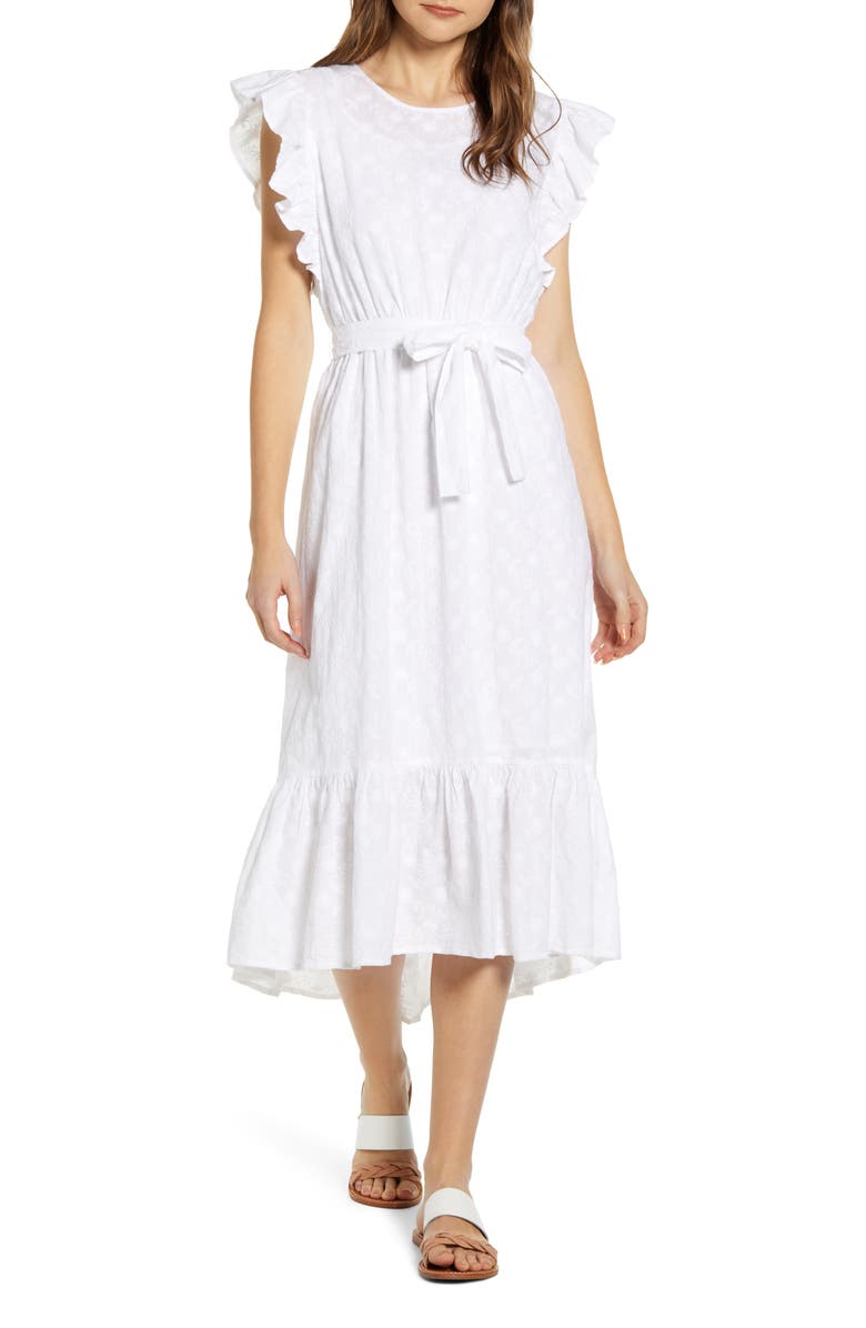 Lucky Brand Reese Flutter Sleeve Embroidered Cotton Dress, Main, color, 