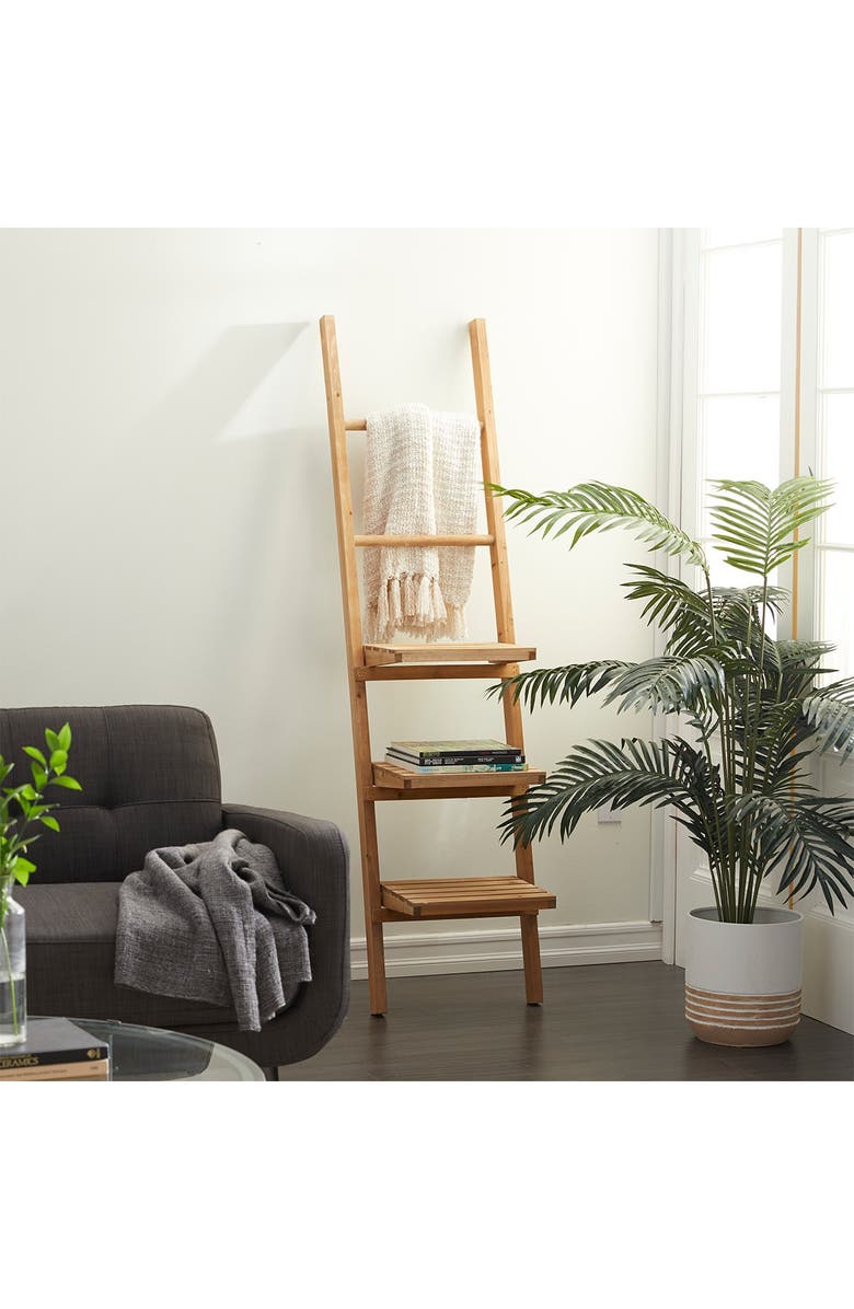 GINGER BIRCH STUDIO Brown Wood 3-Shelf & 2-Rung Wall Shelf, Main, color, 