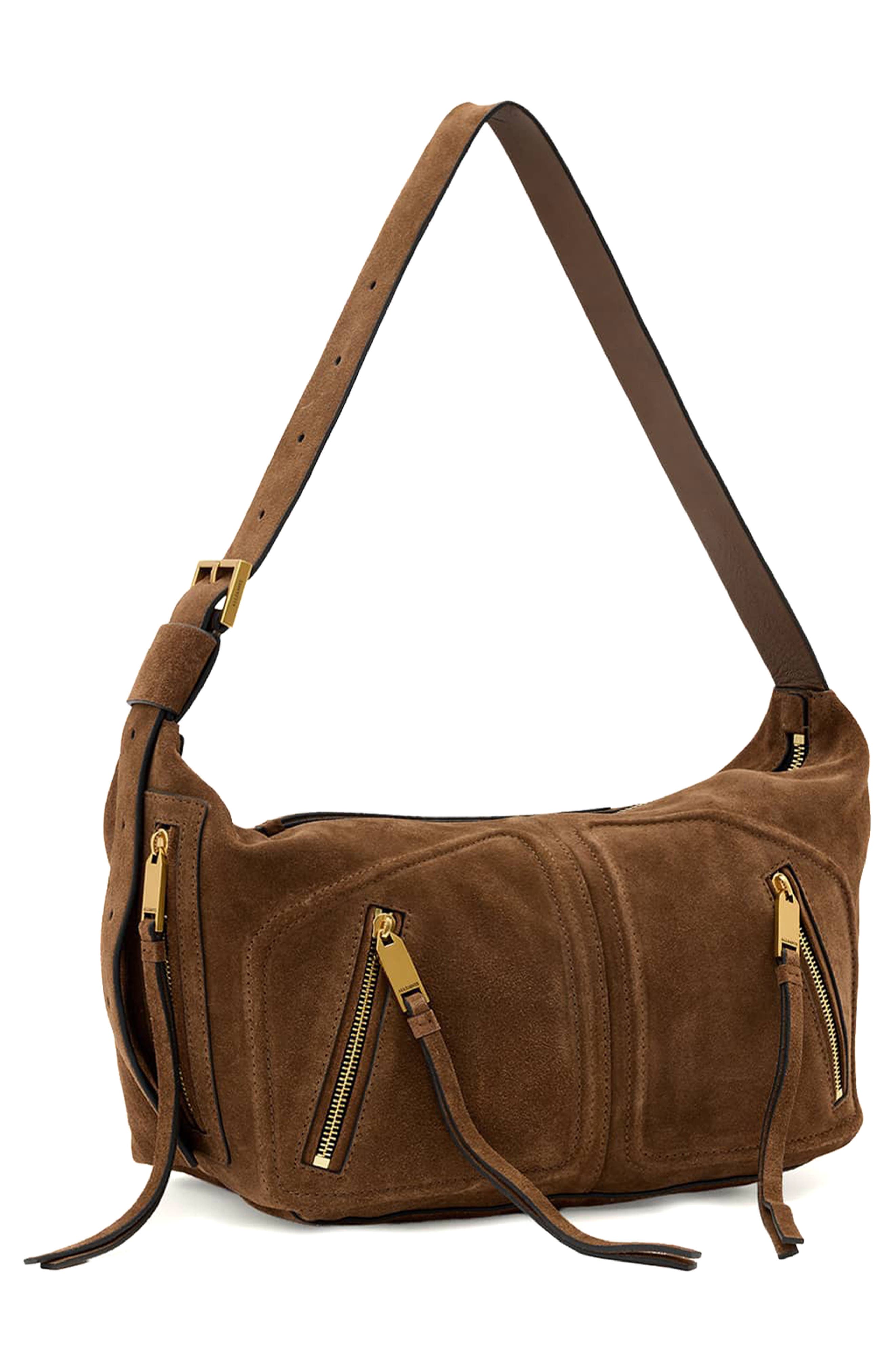 AllSaints Jean Rey Suede Shoulder Bag, Alternate, color, Sugar Brown
