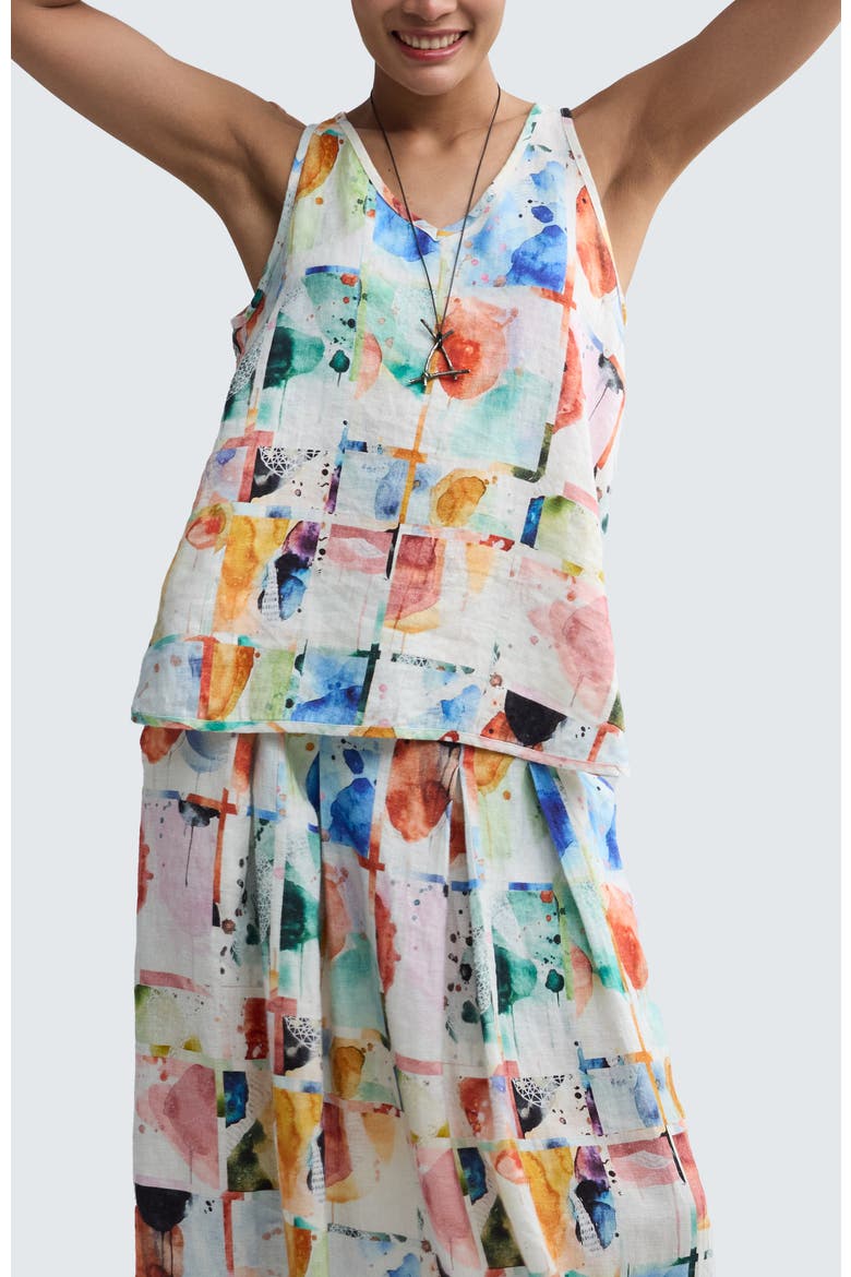 Orielle Painterly Print Linen V-Neck Top, Alternate, color, Multihued