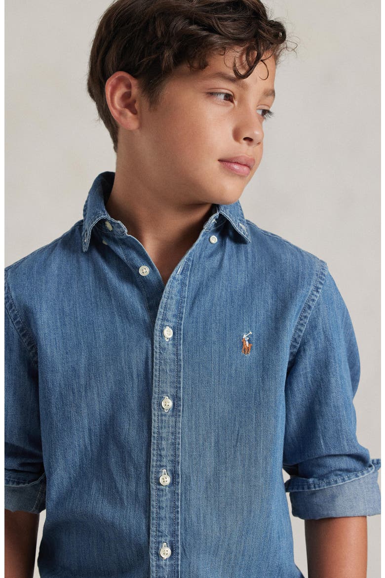 Kids' Chambray Cotton Button-Down Shirt, Alternate, color, DARK BLUE