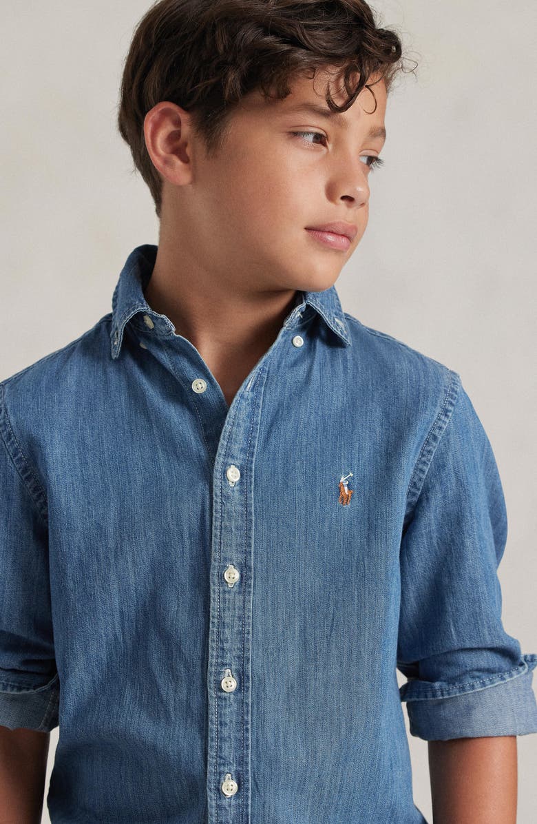 Polo Ralph Lauren Kids' Chambray Cotton Button-Down Shirt, Alternate, color, Dark Blue