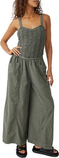 Free people beach wide leg smocked 2024 grey jumpsuit