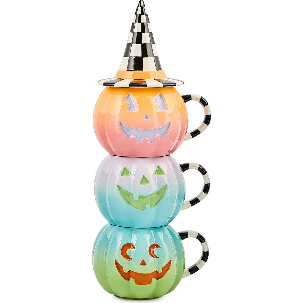 Mackenzie-childs Mackenzie Childs Trick Or Treat Set Of 3 Stackable Pumpkin Mugs With Witch Hat Lid In Multi